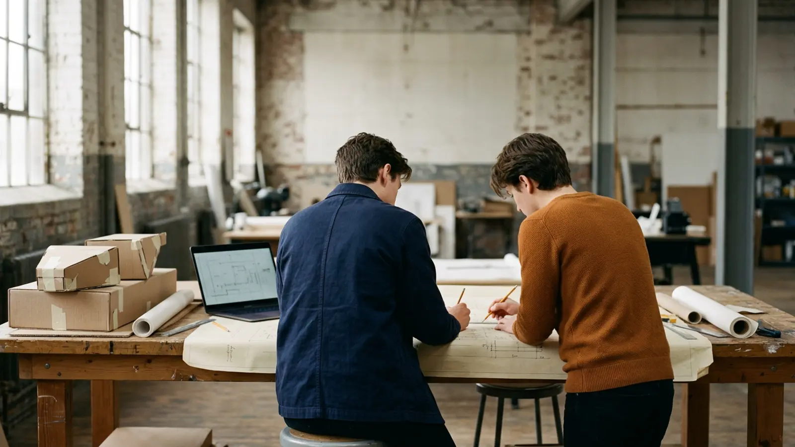 Two young people sketching plans on a large sheet of paper at a workbench in a converted warehouse.