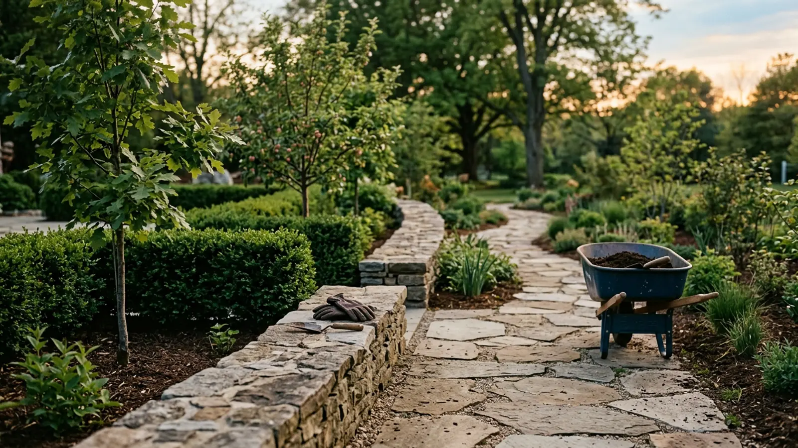 A freshly landscaped garden with a natural stone path, trimmed hedges and a wheelbarrow.