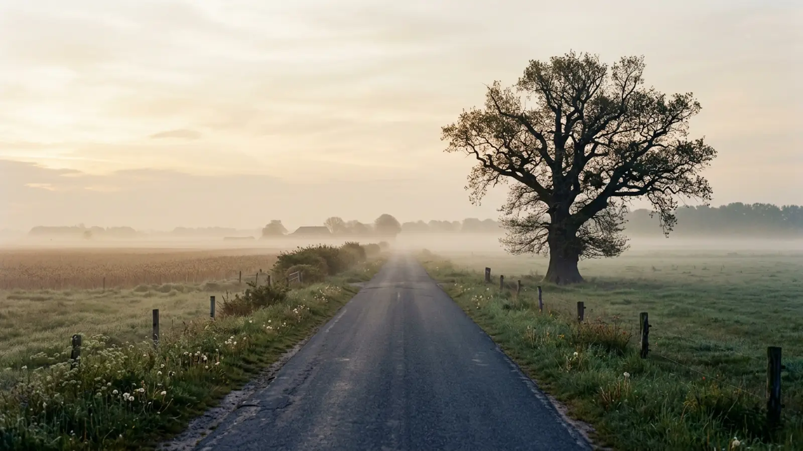 A long country road leading through misty fields at first light, an old oak tree beside it.