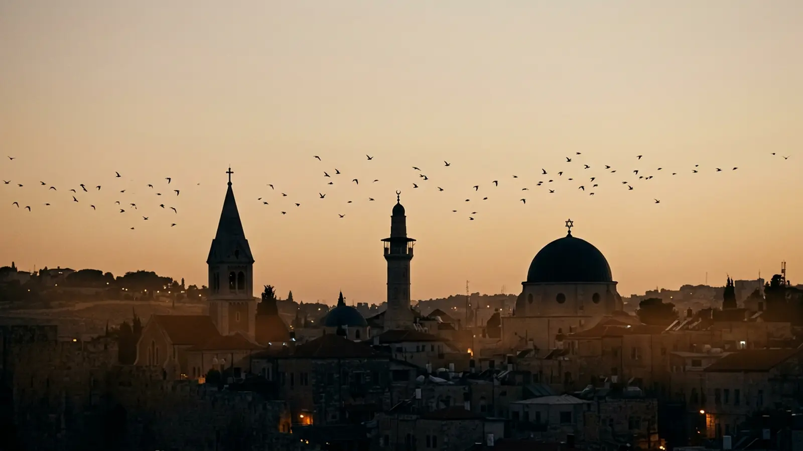 A church spire, a minaret and a domed synagogue silhouetted together against a dusk sky with birds in flight.