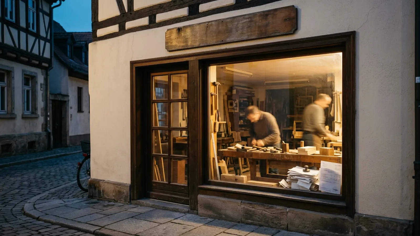 A small family workshop storefront lit warmly at dusk, with tools on a workbench.