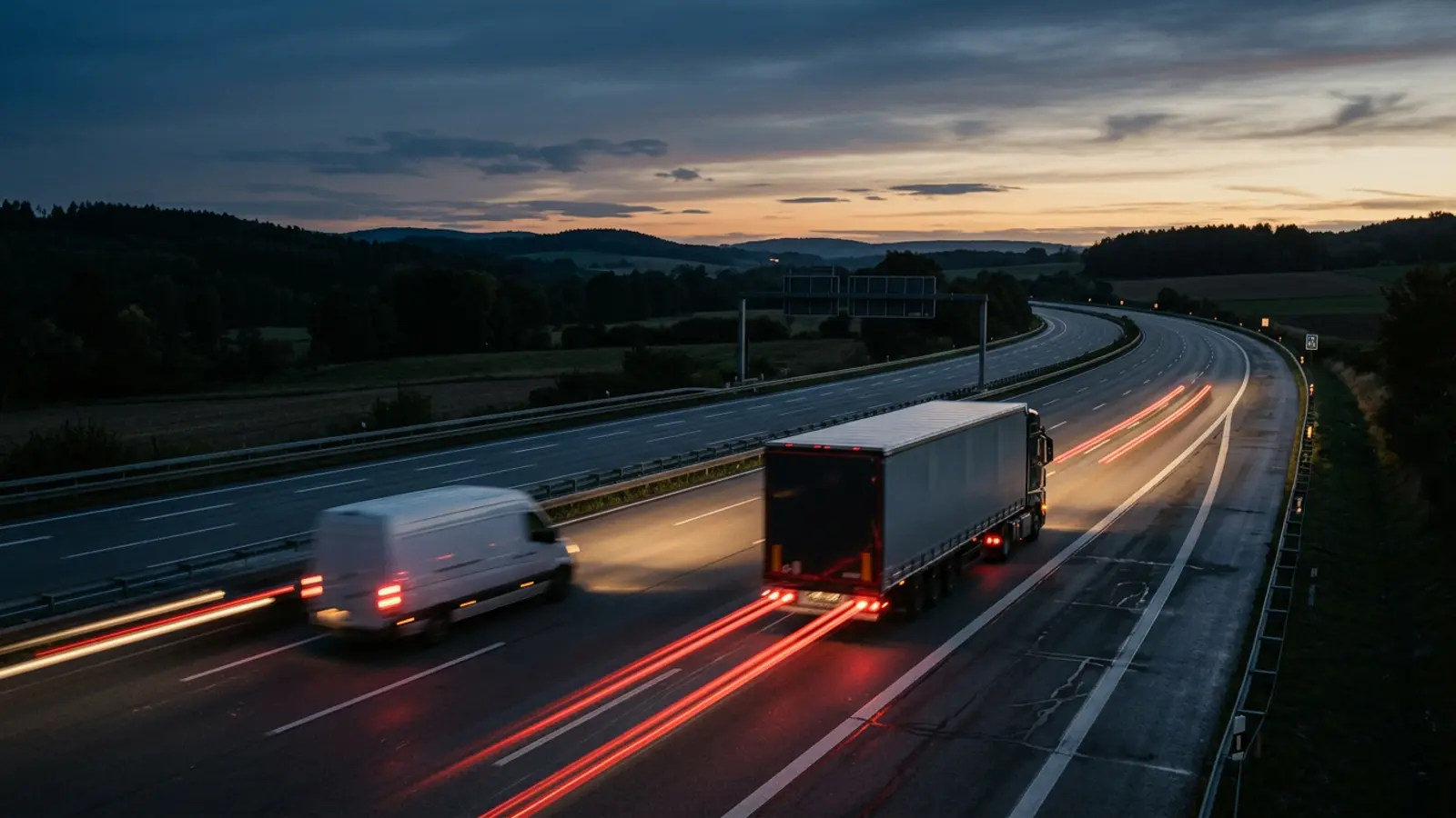A delivery van and a semi truck on an empty autobahn at blue hour with light trails.