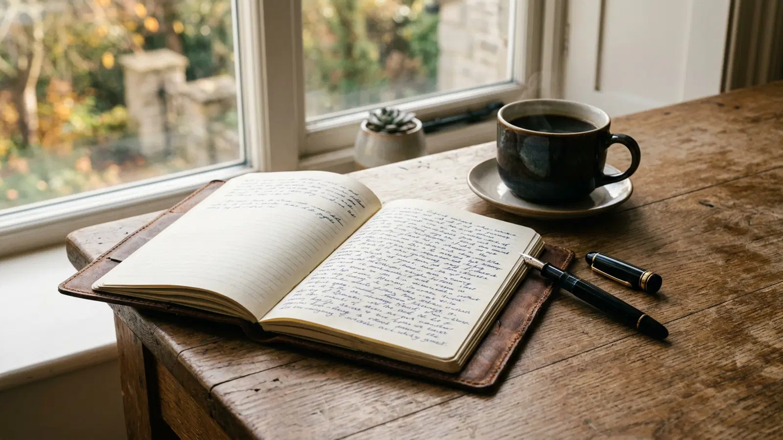 An open handwritten notebook and a fountain pen on a wooden desk in morning light.