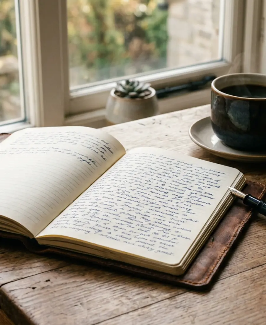 An open handwritten notebook and fountain pen on a wooden desk.