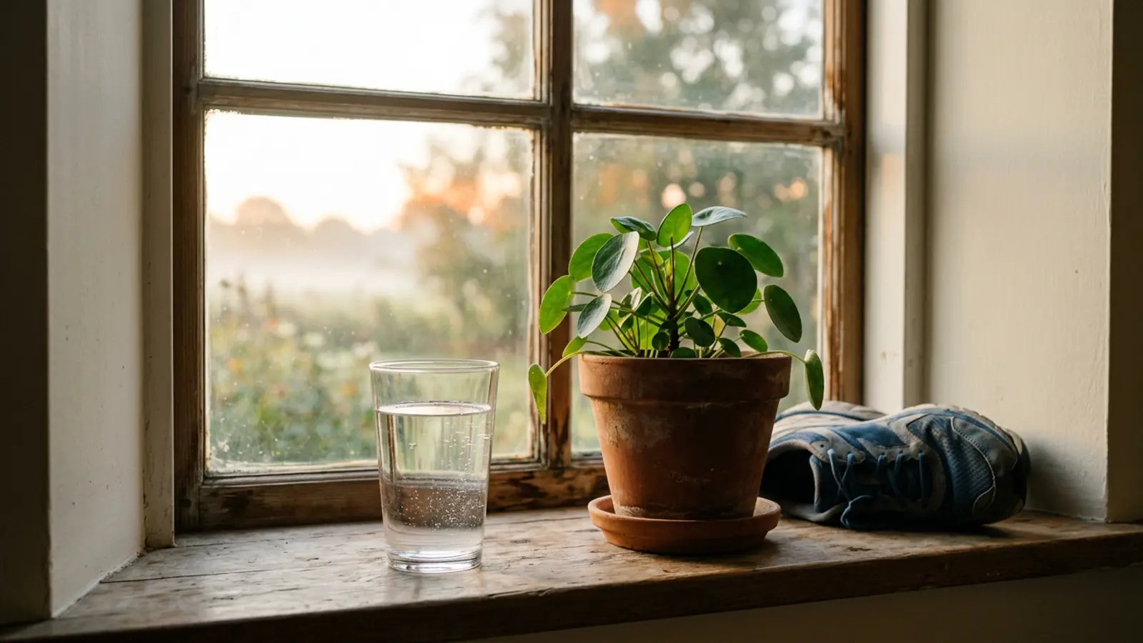 A glass of clear water and a green plant on a sunlit windowsill.